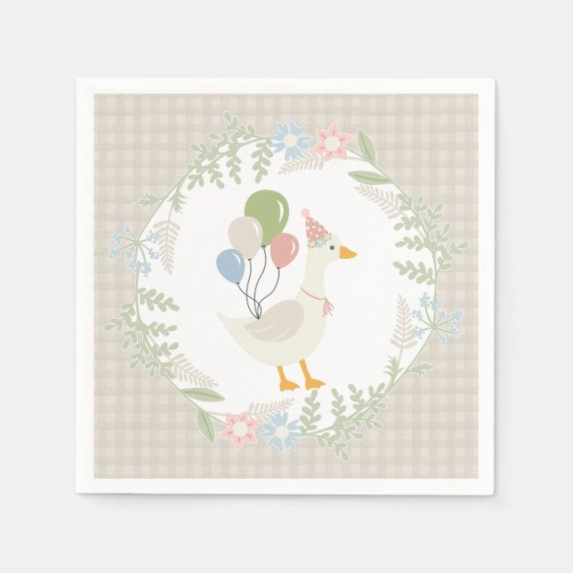 Beige Albern Gänse Floral Gingham Paper Serviette (Vorderseite)