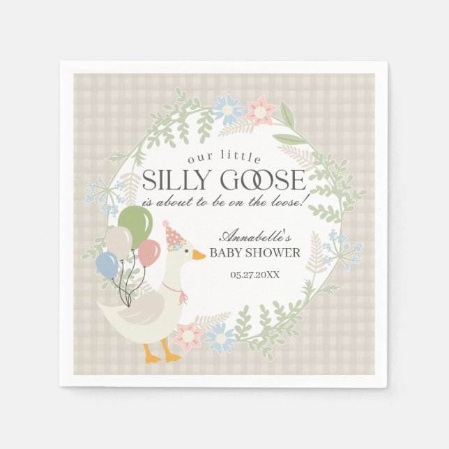 Beige Albern Gänse Gingham Baby Dusche Serviette (Vorderseite)