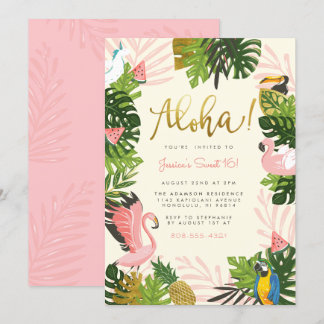 Beige | Aloha Hawaii Tropical Gold Geburtstagspart Einladung