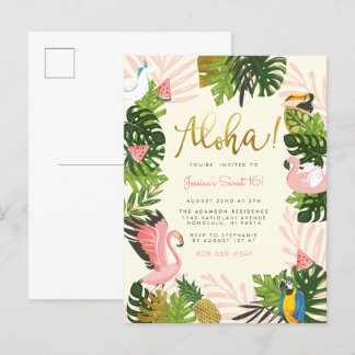 Beige | Aloha Hawaii Tropical Gold Geburtstagspart Einladungspostkarte
