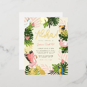 Beige Aloha Hawaii Tropical Gold Geburtstagspart Folie Einladungspostkarte