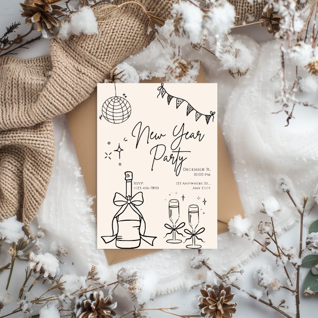 Beige and Black Doodle Simple New Year's Eve Party Einladung (Von Creator hochgeladen)