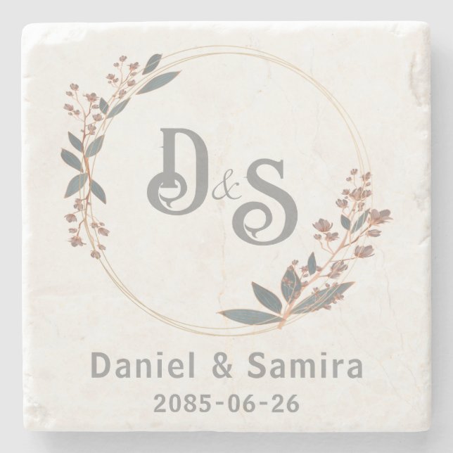 Beige and Blue Floral Custom Name Elegant  Steinuntersetzer (Vorderseite)