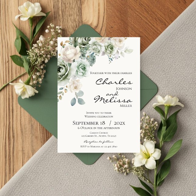 Beige and green Flowers Wedding Invitation Einladung (Von Creator hochgeladen)
