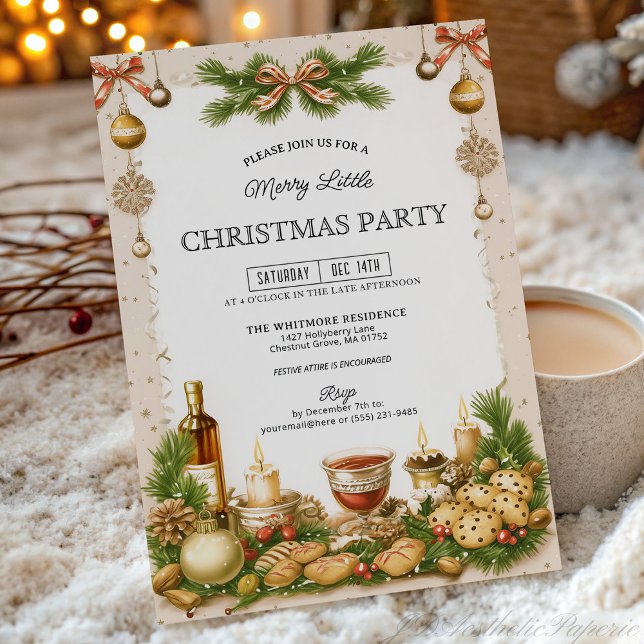 Beige and Pine Greenery Ribbon Christmas Party Einladung (Von Creator hochgeladen)