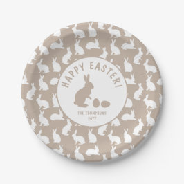 Beige And White Bunny Pattern Happy Easter Pappteller