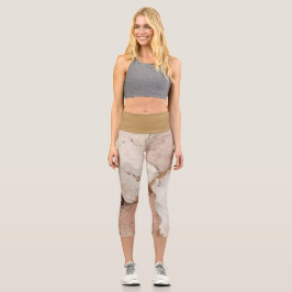 Beige and White Marble Abstract design  Capri Leggings