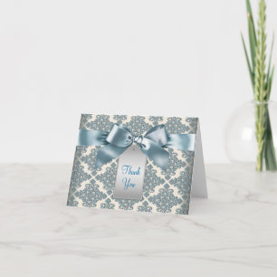 Beige Aquamarin Blue Damask Vielen Dank Karten