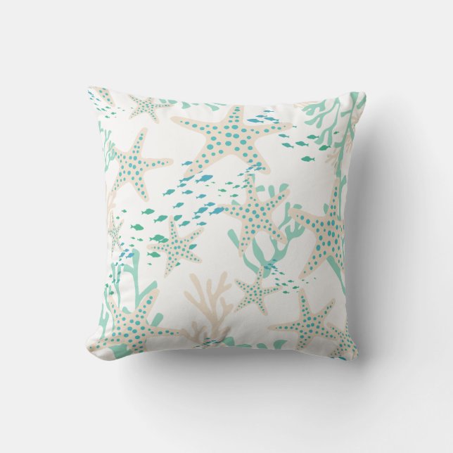 Beige Aquamarine Fische Muscheln Starfish Korallen Kissen (Vorderseite)