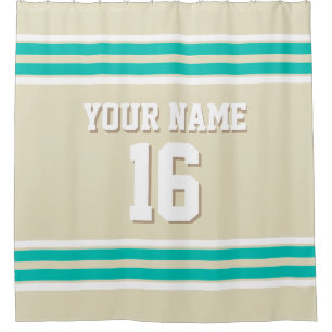Beige Aquamarine White Stripes Sports Jersey Duschvorhang