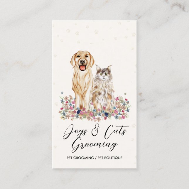 Beige Aquarellhunde Katzen Haustiere Sitter Visitenkarte (Vorderseite)