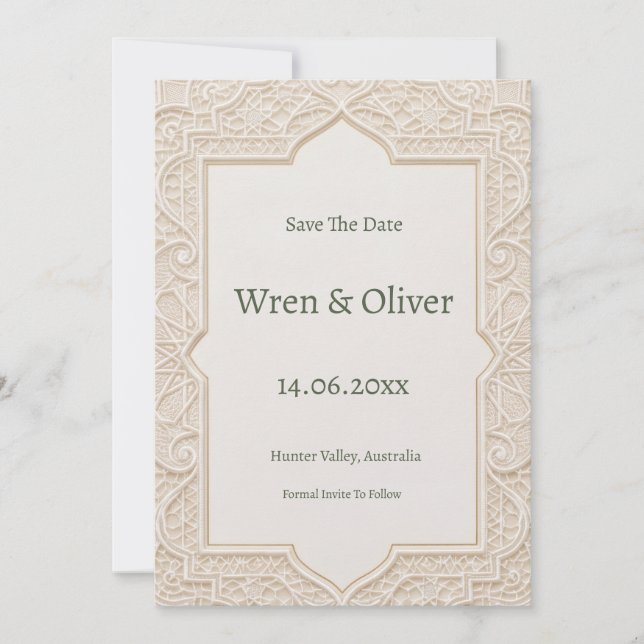 Beige Art Deco Save the Date Karte (Vorderseite)