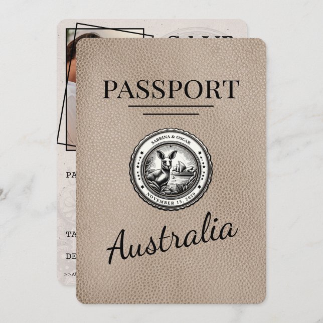 Beige Australia Passport Save the Date (Vorne/Hinten)