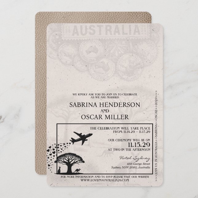 Beige Australia Passport Wedding Einladung (Vorne/Hinten)