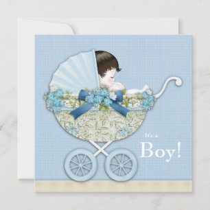 Beige Baby Blue Baby Carriage Boy Dusche Einladung