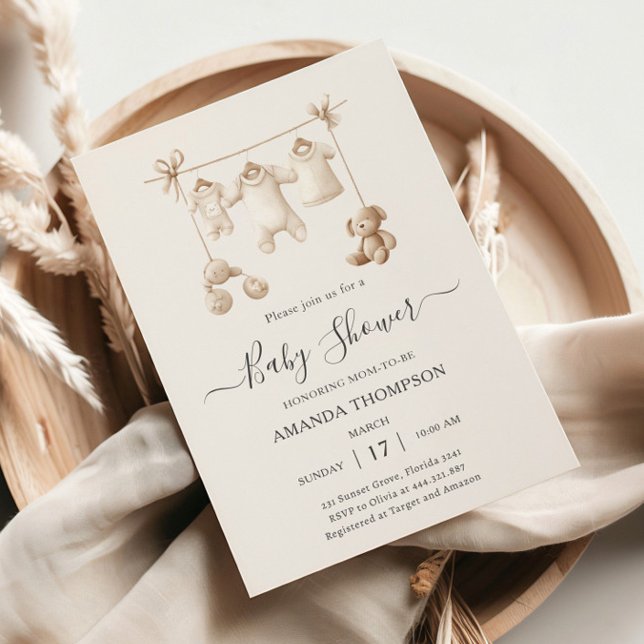 Beige Baby Clothes And Toys Baby Shower Einladung (Von Creator hochgeladen)