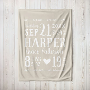 Beige Baby Girl Birth Stats Keepake Fleecedecke