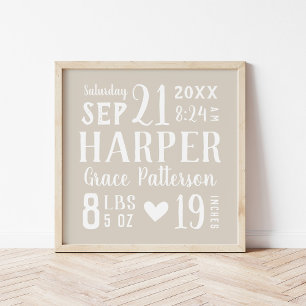 Beige Baby Girl Birth Stats Keepake Poster