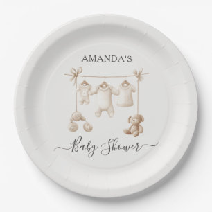 Beige Babykleidung und Spielzeug Baby Shower Pappteller