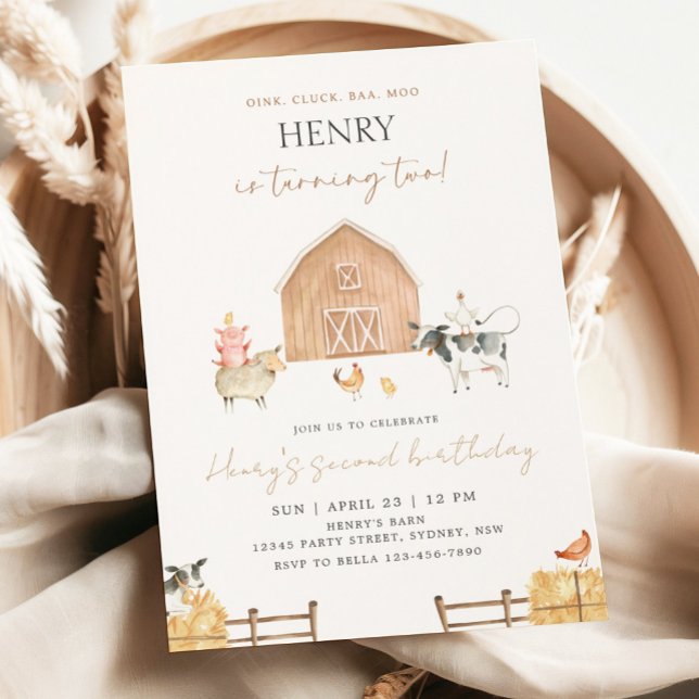 Beige Barn 2nd Birthday Farm Animals Party Einladung (Von Creator hochgeladen)
