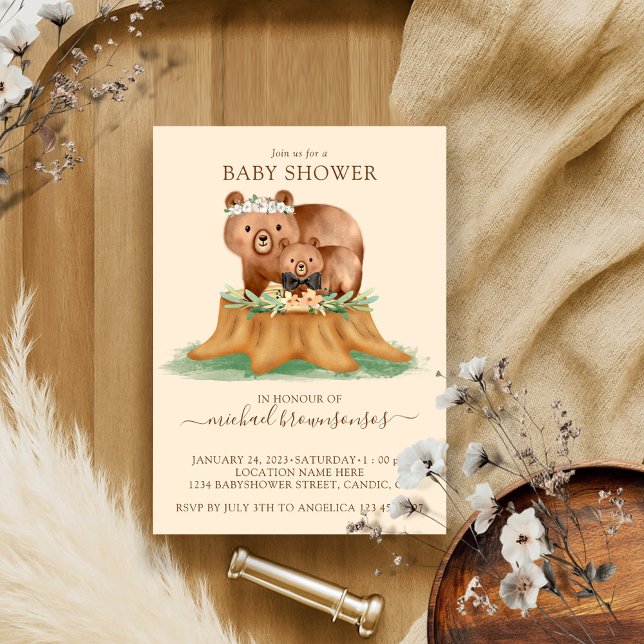 Beige Bear Watercolor Mommy Baby Shower Boy Einladung (Von Creator hochgeladen)