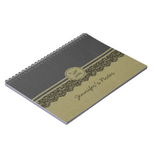 Beige & Beige Leinen Jute Textur & schwarze Spitze Notizblock
