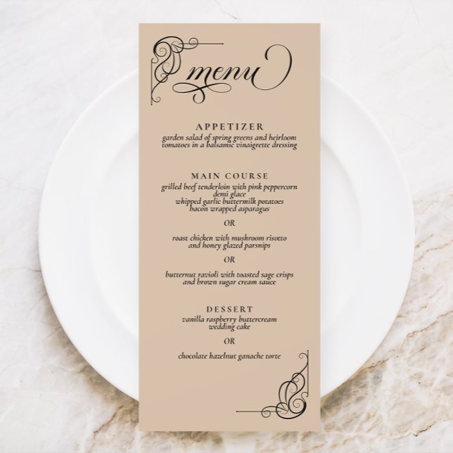 Beige & Black Calligraphy Wedding Reception Menu Menükarte (Von Creator hochgeladen)