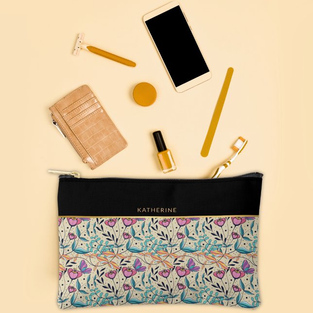 Beige Black Flowers Pattern Pretty Girly Trendy Zubehörtasche (Von Creator hochgeladen)