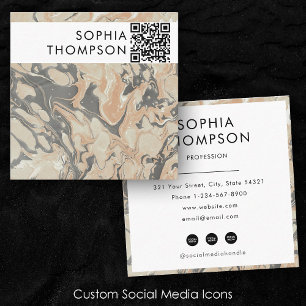 Beige Black Marble Abstrakt QR Code Social Media Quadratische Visitenkarte