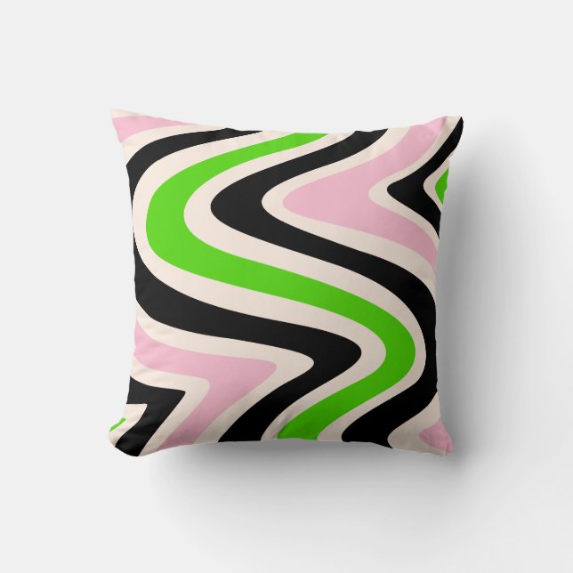 Beige Black Pink Green Abstract Swirl Kissen (Vorderseite)