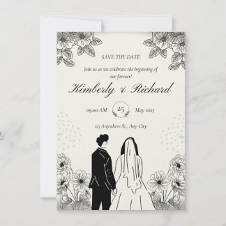 Beige Black Simple Illustation Wedding Invitation Einladung