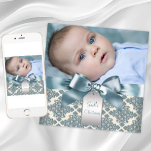 Beige Blau Damast Baby Junge Foto Taufe Einladung