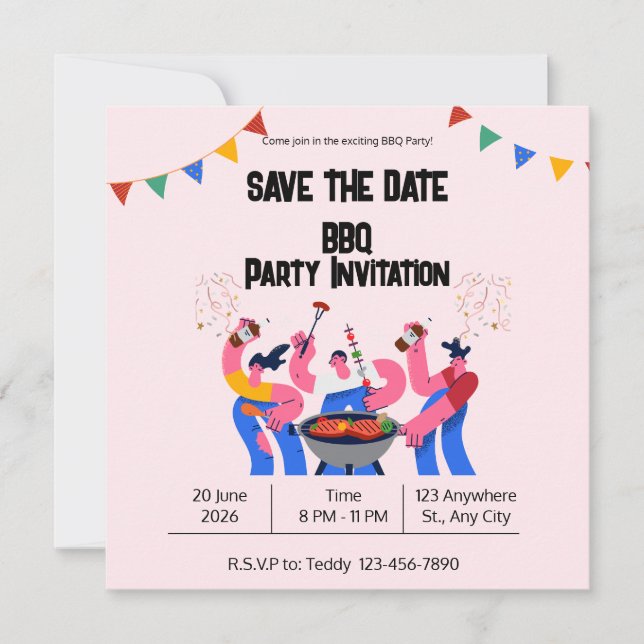 Beige blaue BBQ-Einladungskarte zum Speichern des  Save The Date (Vorderseite)