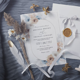Beige Blaue Boho Blumen Hochzeit im ländlichen Sti Einladung