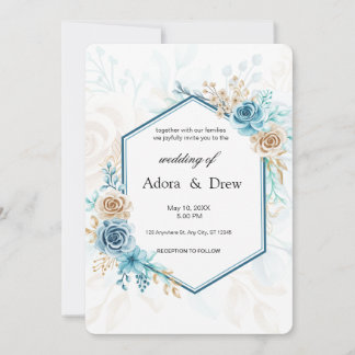 Beige blaue elegante Hochzeit mit Blumen Einladung