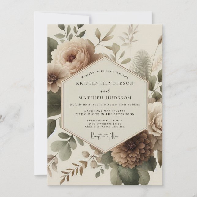 Beige Bloom Romantik-Hochzeit Einladung (Vorderseite)