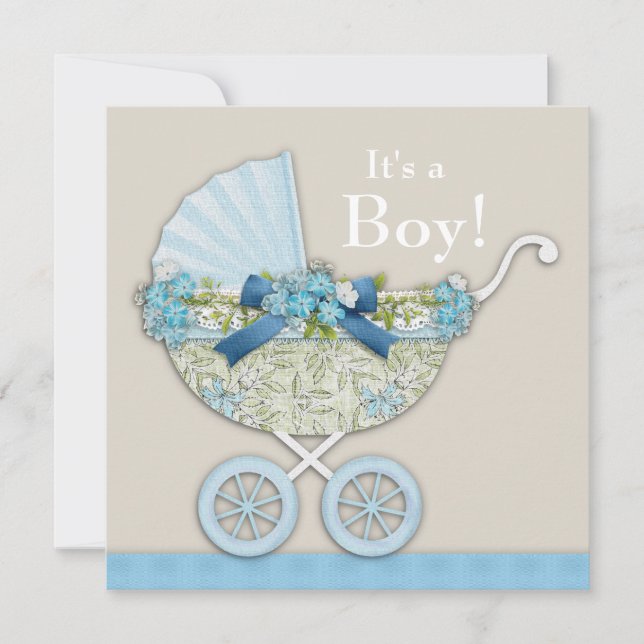 Beige Blue Baby Carriage Boy Dusche Einladung (Vorderseite)
