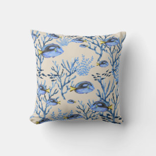 Beige Blue Coral Reef Beachy Meereswelt Fish Nauti Kissen