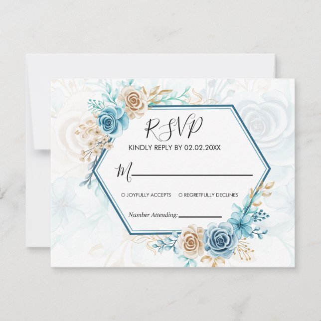 Beige blue Elegant Floral Wedding RSVP Karte (Vorderseite)