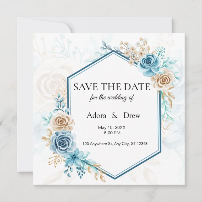 Beige blue Elegant Floral Wedding Save The Date (Vorderseite)