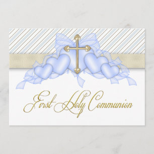 Beige Blue Gold Cross Boys Blue First Communion Einladung