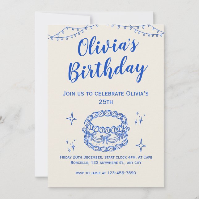 Beige Blue Illustration Birthday Einladung (Vorderseite)