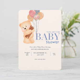 Beige Blue Niedlich Bear Baby Dusche Einladung