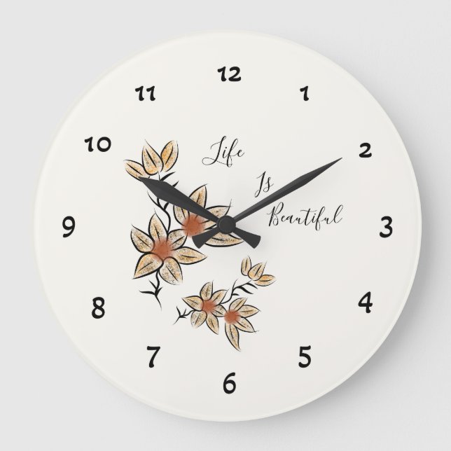 Beige Blume Große Wanduhr (Vorderseite)