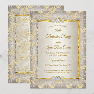 Beige Blumen Damast Rose Gold Geburtstagsfeier Einladung