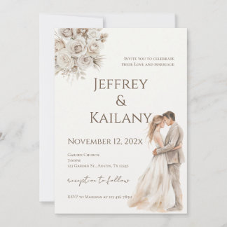 Beige Blumen Hochzeit Einladung