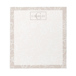 Beige Blumen Linienkunst, Individuelles Monogramm Notizblock