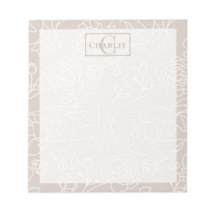 Beige Blumen Linienkunst, Individuelles Monogramm Notizblock