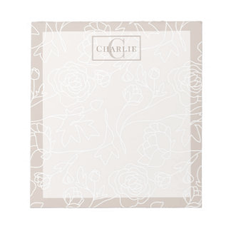 Beige Blumen Linienkunst, Individuelles Monogramm Notizblock