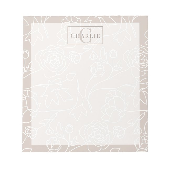 Beige Blumen Linienkunst, Individuelles Monogramm  Notizblock (Vorderseite)